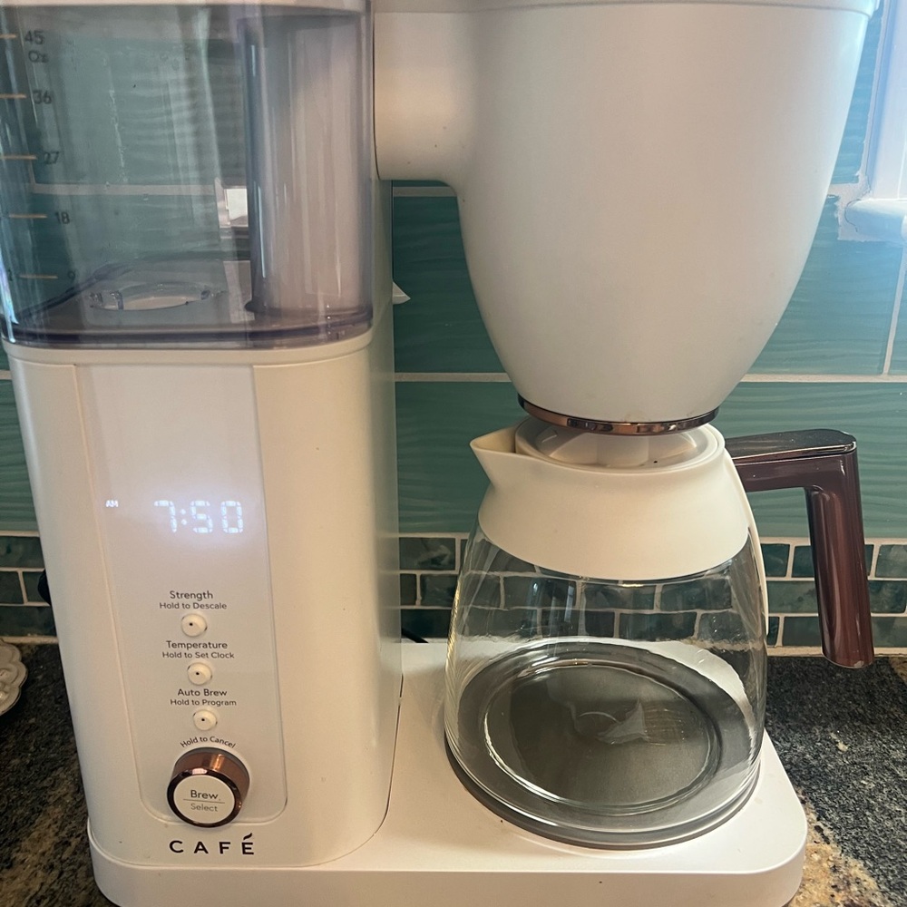 White Drip Coffee Maker with Brown Handle